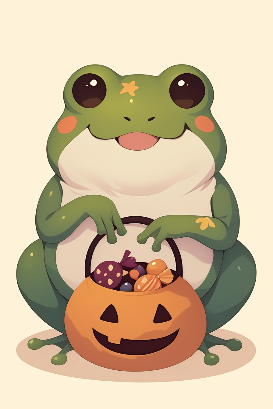 halloween frog drawing ideas 2 showing a cute frog with a pumpkin-shaped candy basket filled with colorful candies, smiling warmly.